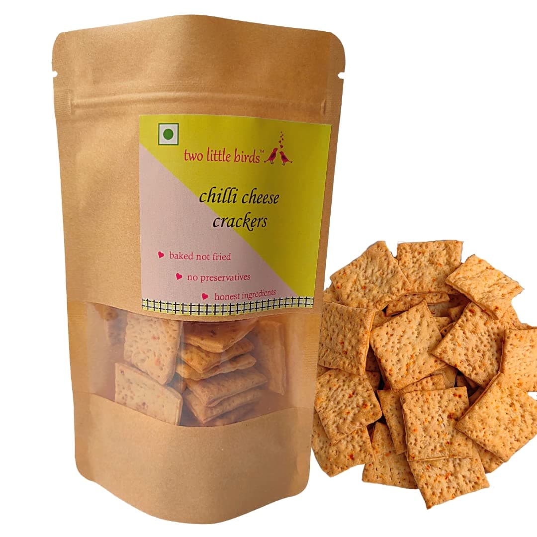 two little birds Chilli Cheese Crackers - Made with Kashmiri Chilli | Baked Not Fried | Eggless, Handmade, Freshly Baked Snacks Chips | No Added Preservatives or Palm Oil | 120 Grams (Pack of 1)