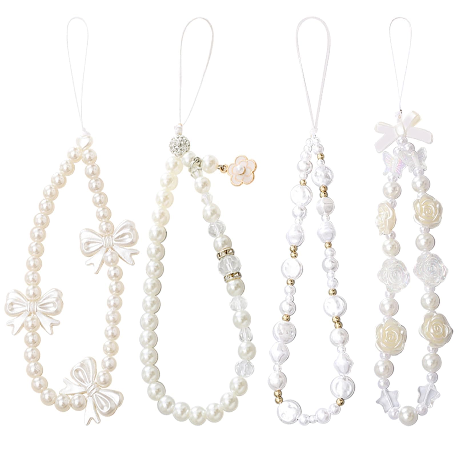 4 pcs Phone Charm, Beaded Phone Bracelet Strap, White Pearl Bow Cell Phone Charms, Cute Phone Charm