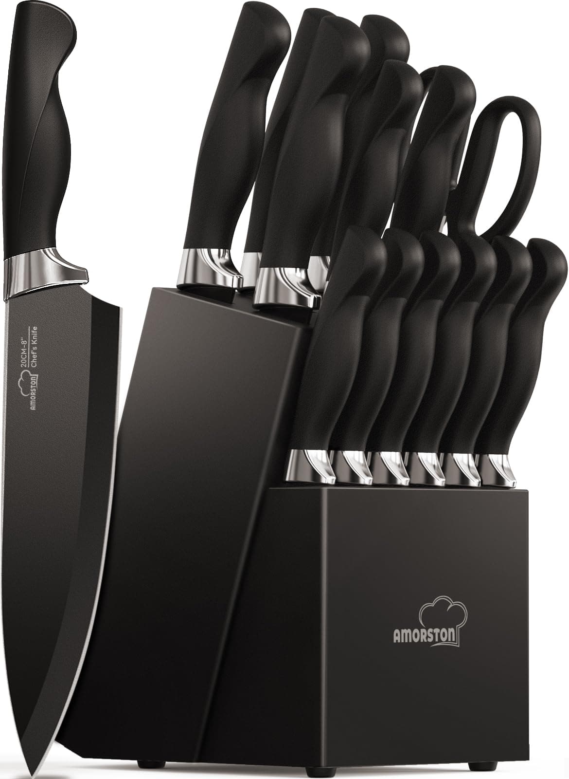 Amorston Knife Set, 15 Pieces Kitchen Knives Set with Block and Built in Sharpener, Dishwasher Safe Knife Block Set, German Stainless Steel Knife Block Set for Home Kitchen Gifts, Black