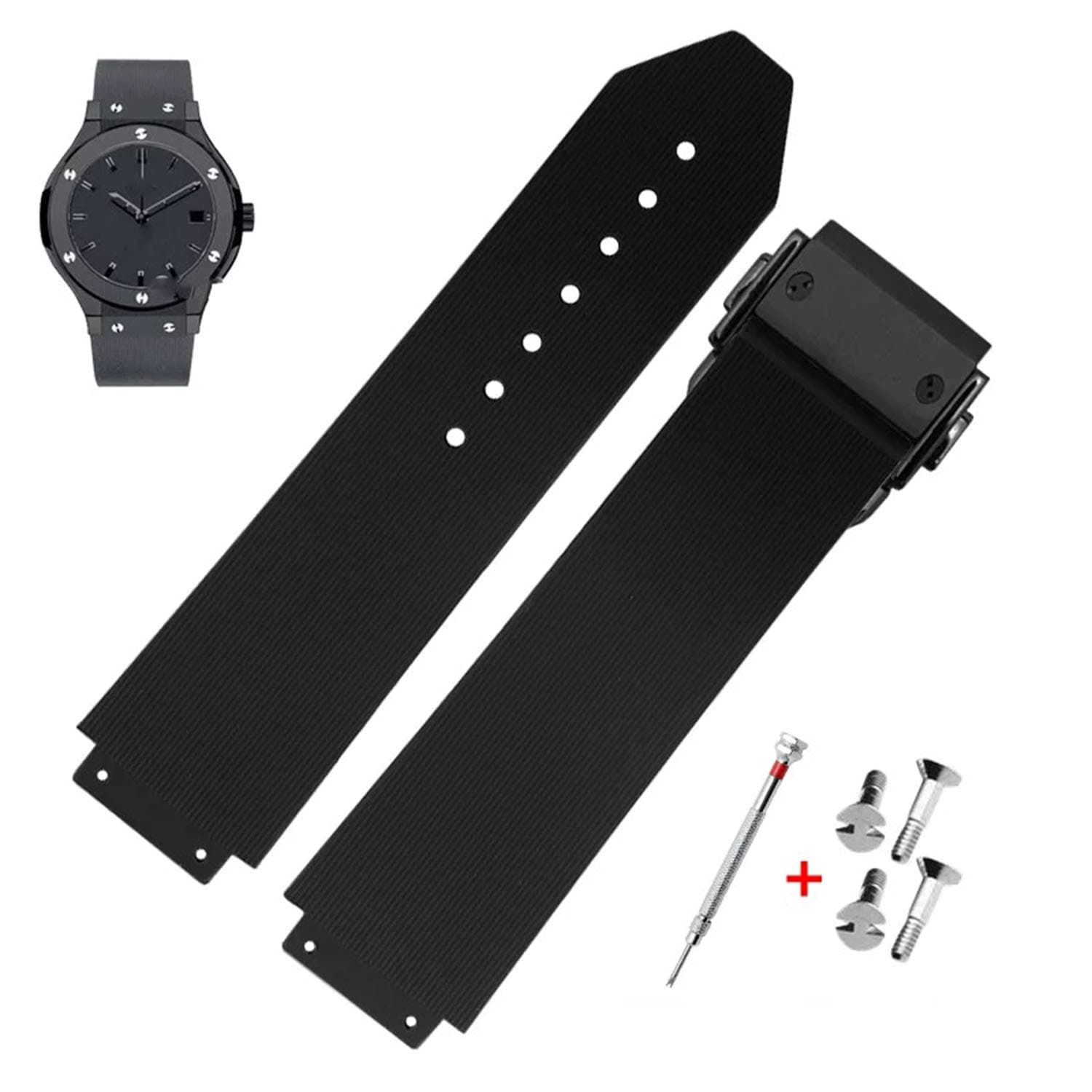 25mm Rubber Watch Strap with Replacement Band Tool for Hublot Big Bang (Black Stripe - Black Buckle)