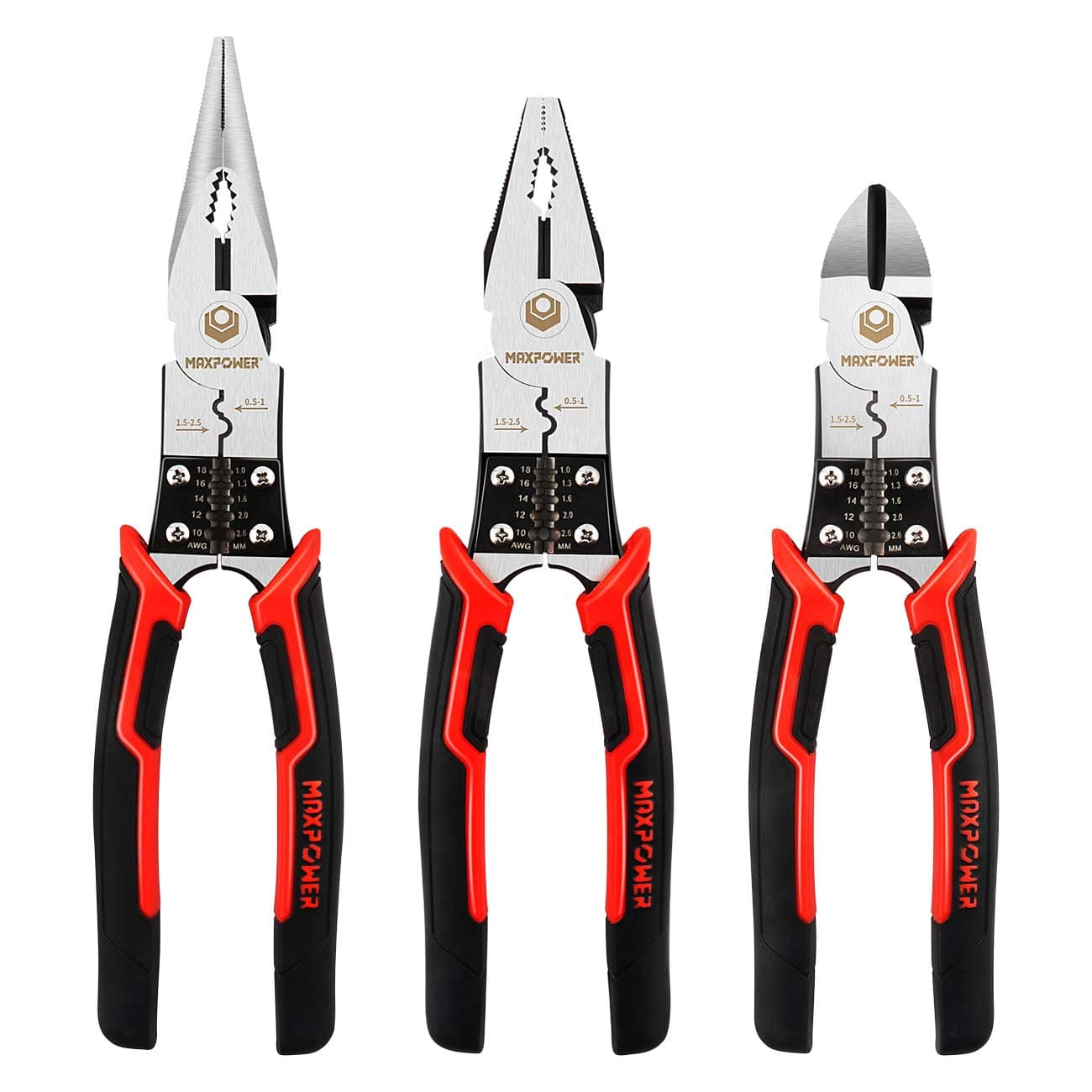 - MAXPOWER 3-in-1 Multifunctional Pliers Set, Wire Stripper, Crimper, Cutter, Long Nose Pliers, Diagonal Side Cutters, Linesman Plier - 8 inch