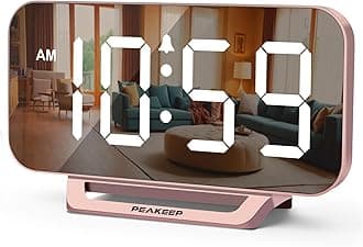 Peakeep Slim Digital Mirror Aesthetic Alarm Clock for Bedroom Living Decor, Plug in Electric Clock Big LED Modern Small Table Clock for Office Desk, Battery Backup, 6 Dimmers (Rose Gold)