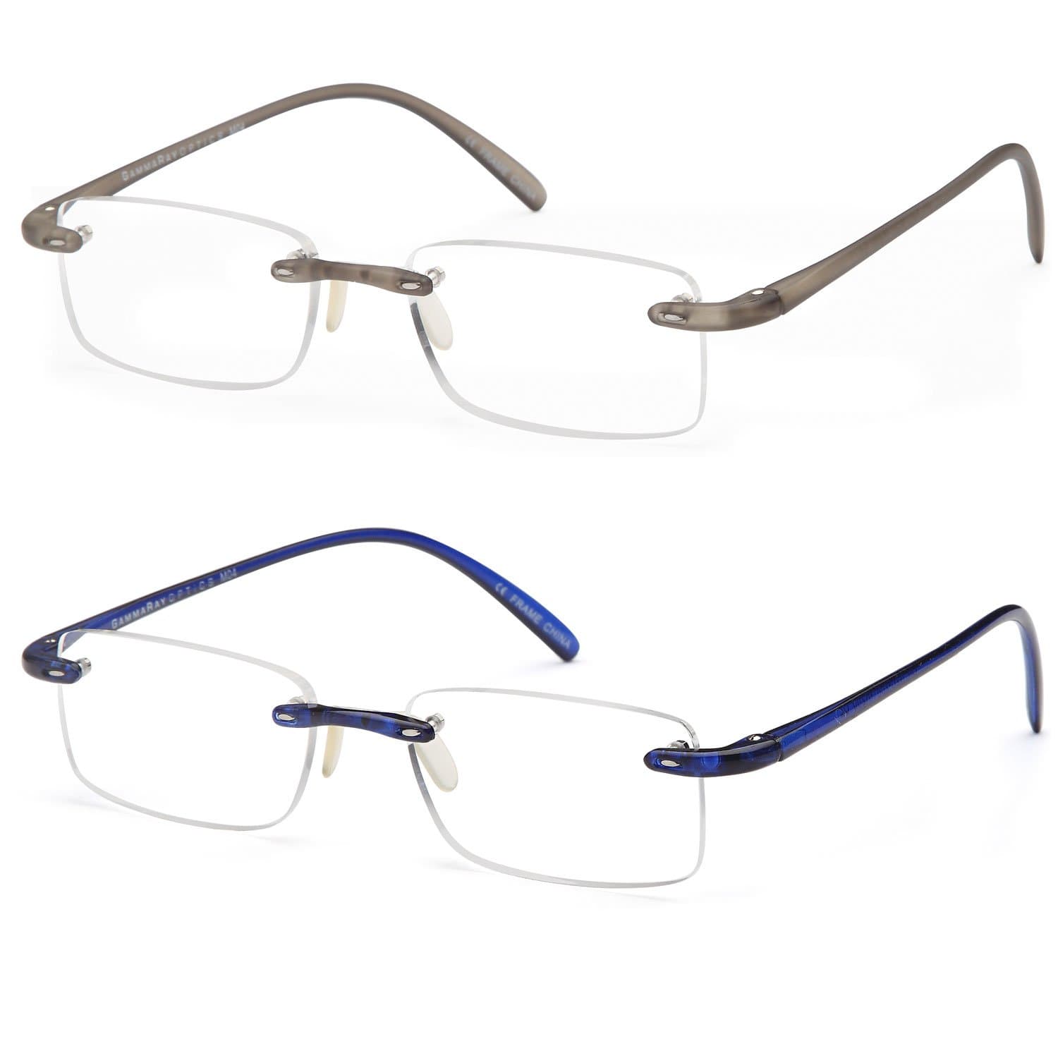 GAMMA RAY 2 Pack of Super Lightweight Flex Arm Slim Rimless Readers with Magnification - Choose Your Magnification