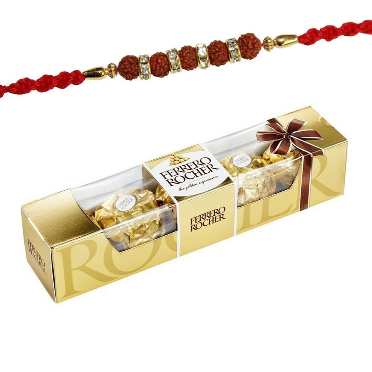 SFU E Com Premium Rocher Gift for Brother | 5 Rudraksh Rakhi with Chocolate for Brother | Rakhi Gift | 019