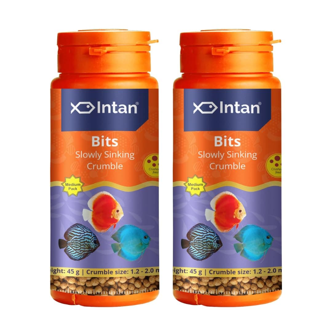 Intan Bits Slow Sinking Crushable Crumble Fish Food | Crumble for Discus, Danios, Barbs & Rainbows Fish | Medium Pack 45 Gm Each, Crumble Size 1.2 to 2.0 mm Dia, Pack of 2,All Life Stages