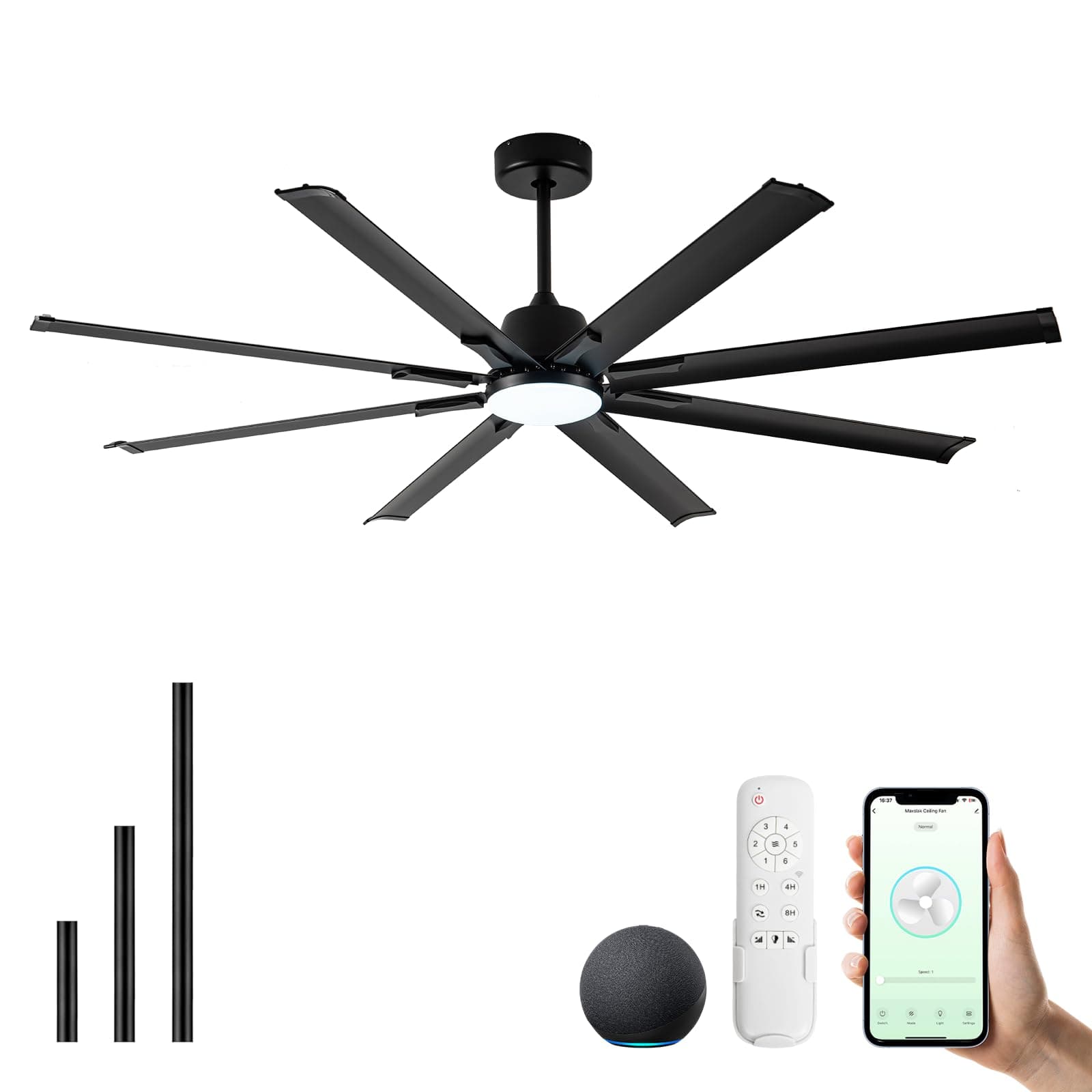 72 Inch Ceiling Fan with Light, Industrial Ceiling Fan with 8 Black Aluminum Blades, Smart Fan Works with Alexa, Garage Fan for