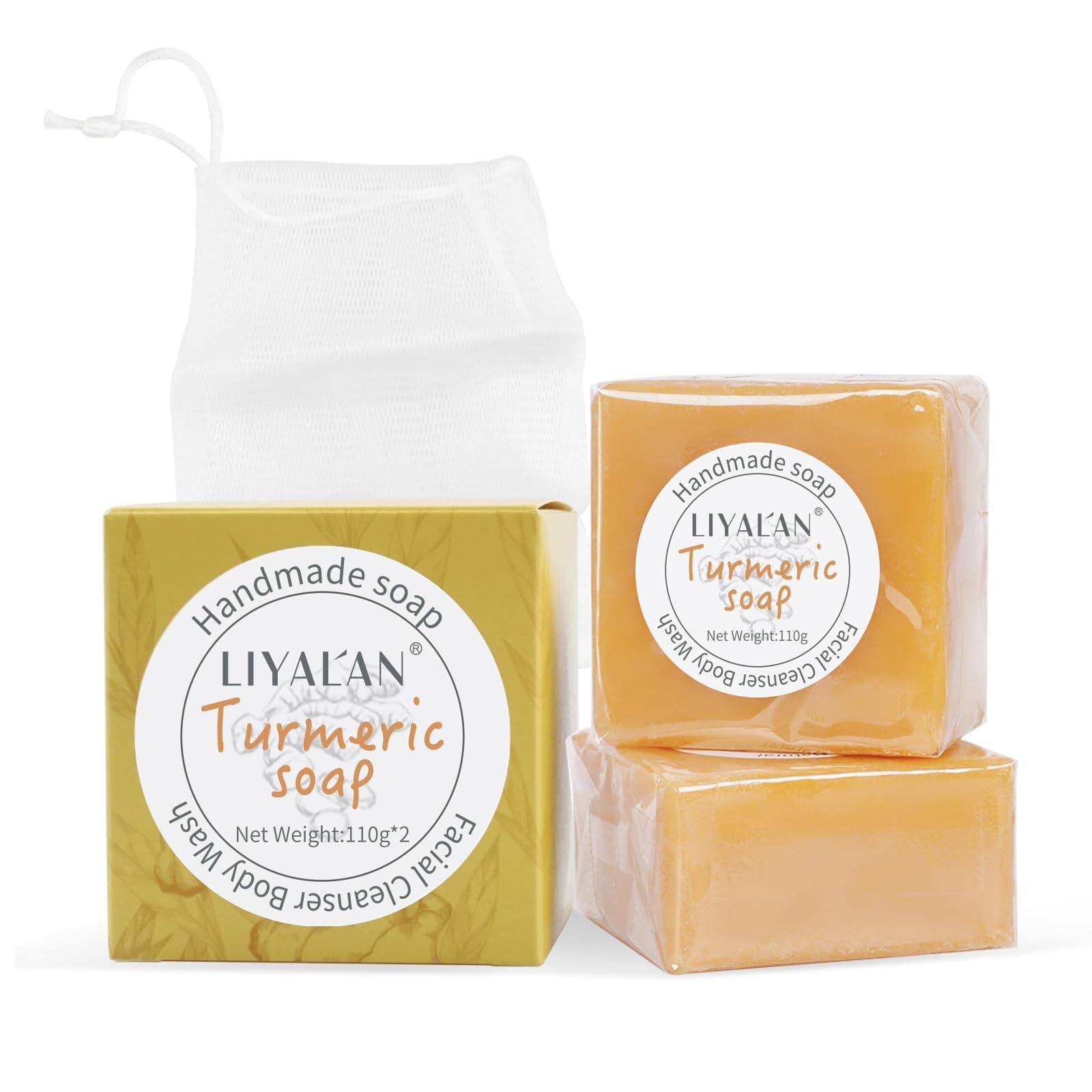 LIYALAN Turmeric Soap Bar 3.88 oz X 2Bars for Face Body Smooth Skin,Cleansing Natural Handmade Sensitive Skin Vegan Formula