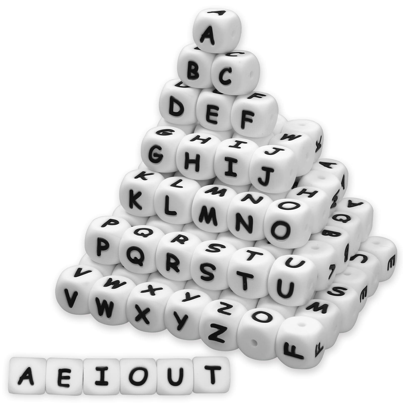 110 Pcs Silicone Letter Beads A-Z (Extra for Vowels) 12mm Square Cube Alphabet for DIY Bracelet, Keychain, Necklace, Lanyard, Jewelry Making