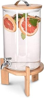 Navaris Beverage Dispenser with Stand - 1.8 Gallon (7L) Glass Drink Dispenser with Spigot, Lid, Wood Stand for Hot or Cold Drinks, Ice Water, Parties