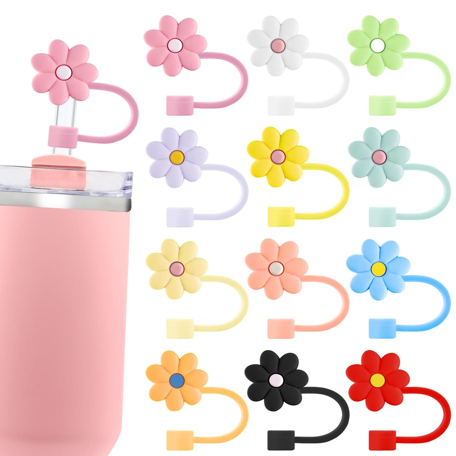 Velaco 12PCS Silicone Straw Covers Cap Compatible with Stanley 30&40 Oz Cup, 10mm Cute Flower Straw Toppers for Tumblers, Dust-Proof Drinking Straw Caps for Reusable Straws Tips Lids