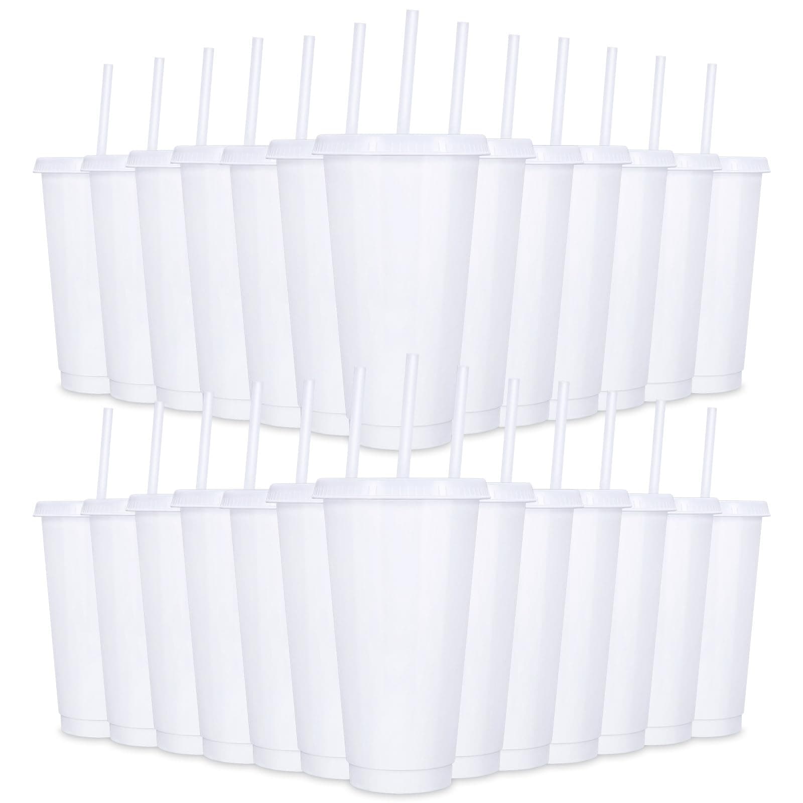 24 Pack Plastic Tumblers With Lids and Straws, Reusable 24 oz Colorful Cups for Parties, Birthdays, Iced Coffee, Cold Drinks (Stylish Colors-White)