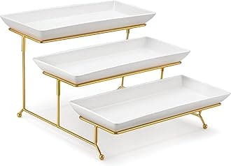 MALACASA 3 Tier Serving Trays for Party, 14 Inch Porcelain White Trays for Serving Food, Dessert Stand with Collapsible Gold Metal Rack