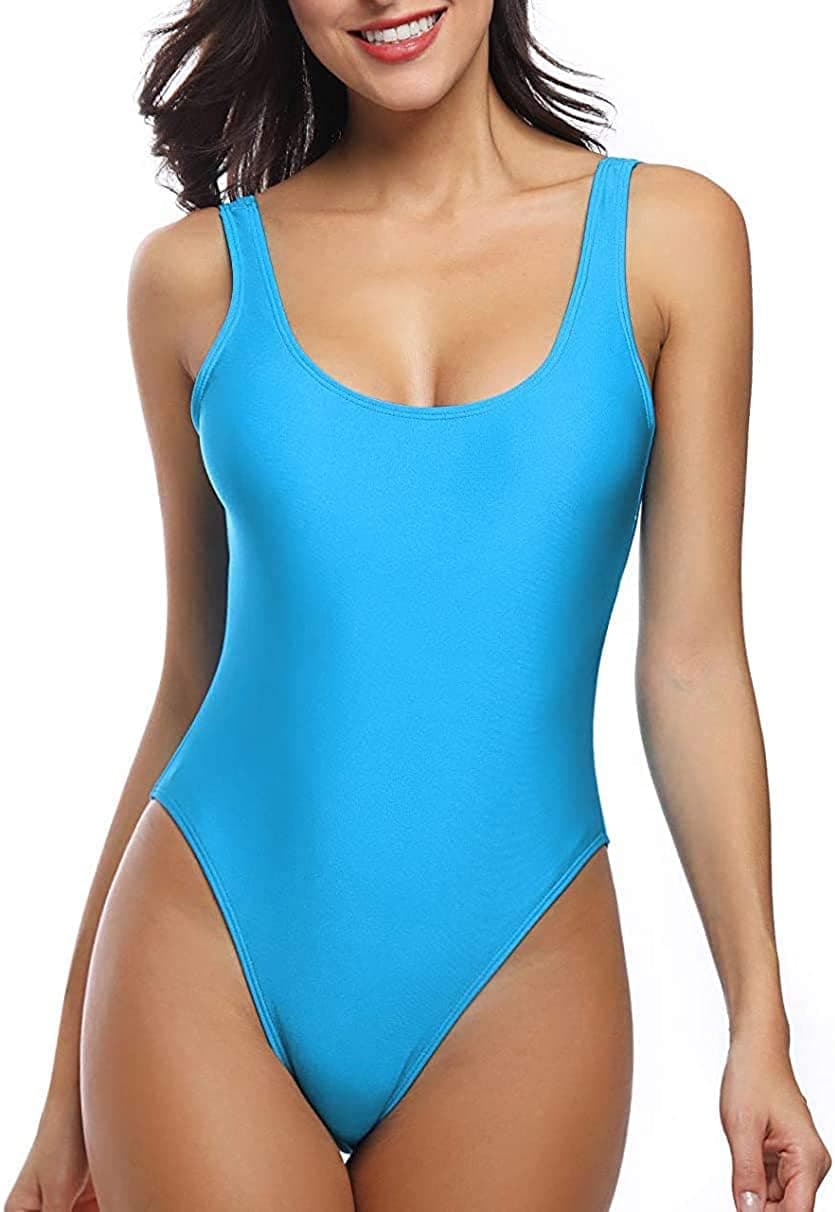 MIAIULIAWomen's Retro 80s/90s Inspired High Cut Low Back Padding One Piece Swimwear Bathing Suits