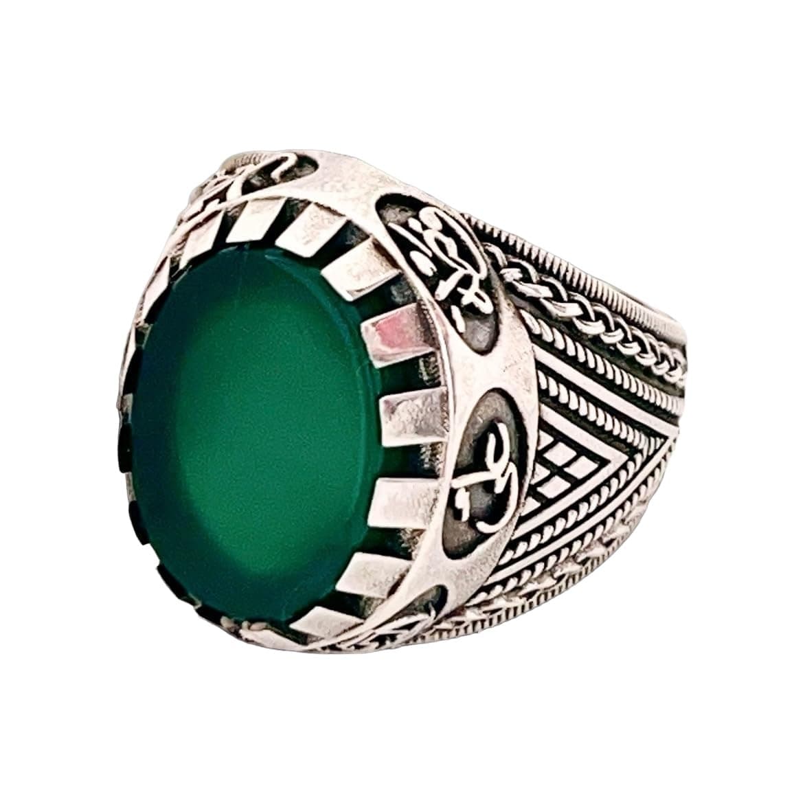 Shia Ring – 925 Sterling Silver Panjtan Ring with Flat Green Yemeni Agate, Ahlulbayt Ali Hasan Hussein Hz Ali & Hz Muhammad Islamic Jewelry