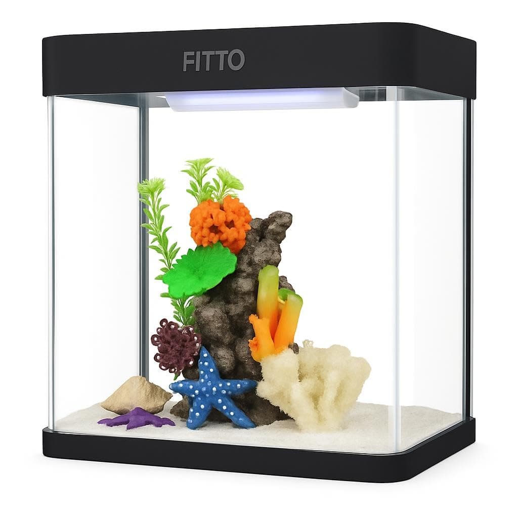 FITTO 8 Litre Aquarium Medium Size 24 cm Full Set Fish Tank with Colorful LED Light, Water Filter, Air Blower and Feeding Hole Perfect for Small Fish Shrimp Aquatic Decor, Black Aquarium