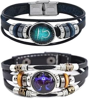 2Pcs Multilayer Constellation Zodiac Leather Bracelet Handmade Woven Zodiac Sign Wrap Bracelet Wristband for Women Men Jewelry Birthday Gift