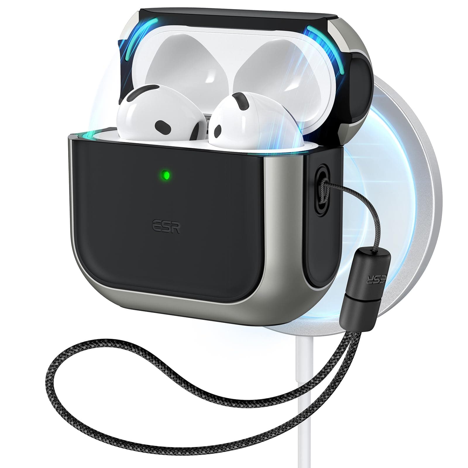ESR AirPods 4 Case, Compatible With AirPods 4th Generation (2024) (USB-C), MagSafe, Drop Protection Cover With Lanyard, Magnetic Lid Lock, Orbit Hybrid, Titanium