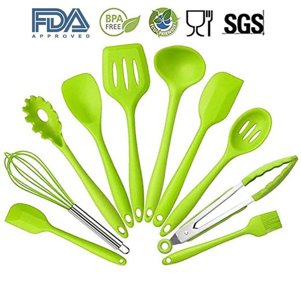 Silicone Kitchen Utensils 10 Sets,Heat Resistant Non Stick Easy to Clean Kitchen Baking Tools Silicone Cooking Utensils Kitchen Utensil Soup Spoon,Spatula,Kitchen Gadgets Utensil Sets (Green)