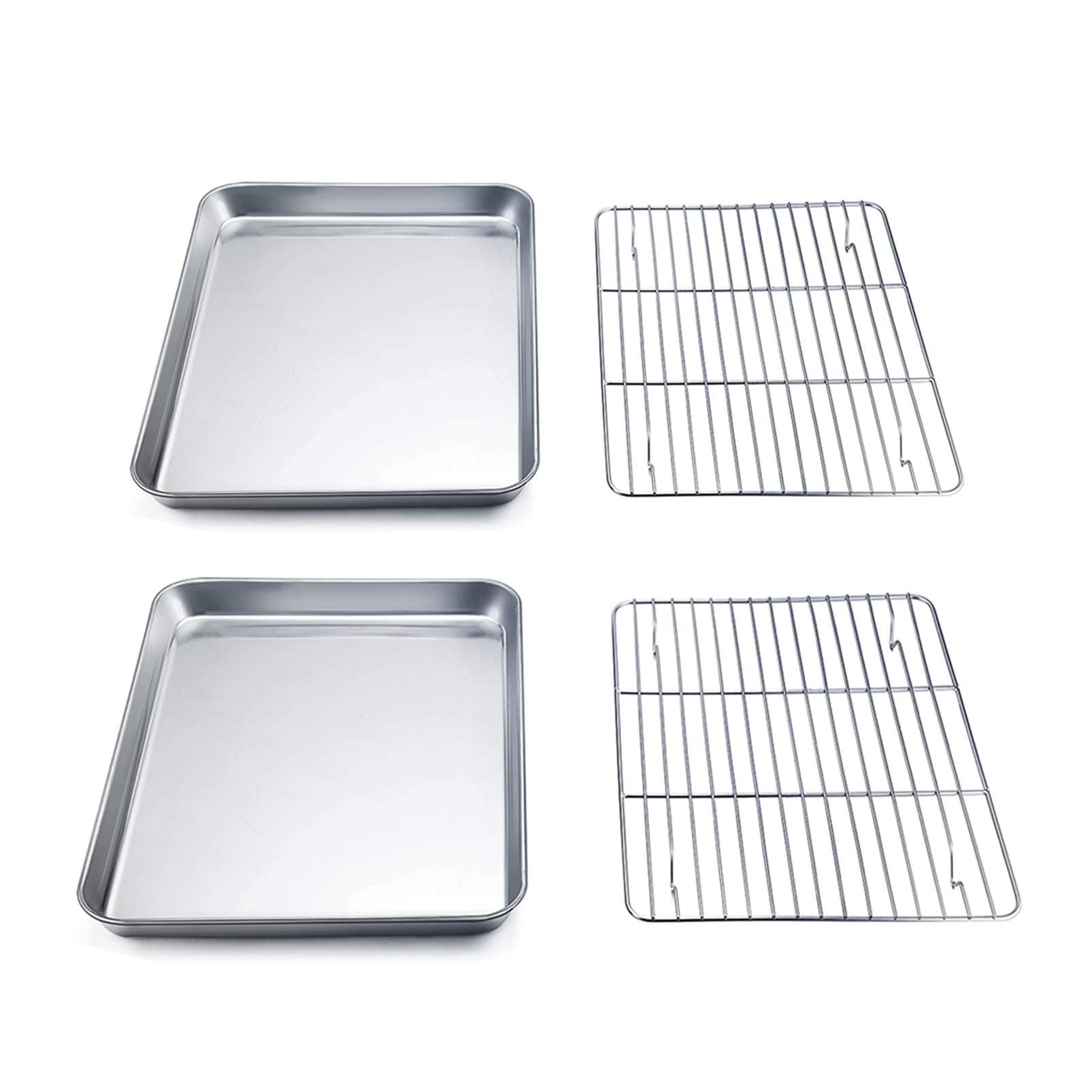 9'' x 7'' x 1'' Toaster Oven Pan with Rack Set of 4, Stainless Steel Compact Toaster Ovenware Pan with Cooling Rack, Healthy & Heavy Duty, Easy Clean & Dishwasher Safe, (2 Pans + 2 Racks)