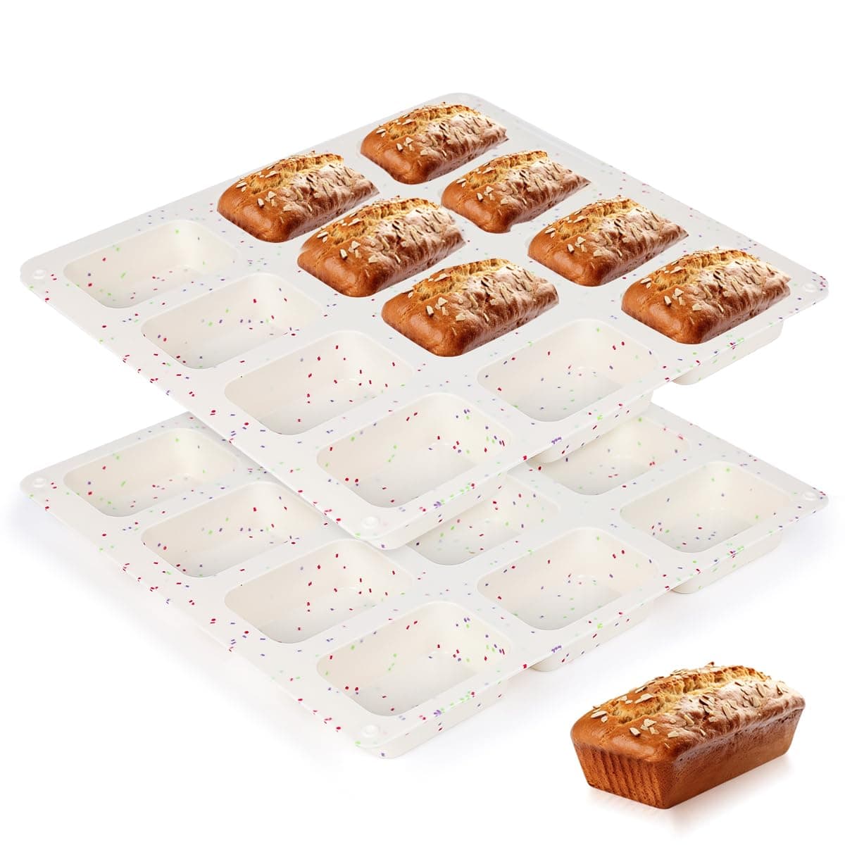 Mini Loaf Pan, Silicone Mini Bread Loaf Pans 12 Cups for Baking Bread, Brownie, Cornbread, Cheesecake, Soap Nonstick 2 Pack Confetti