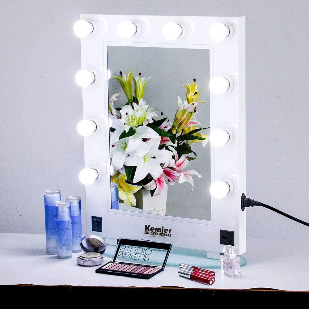 Kemier Natural Daylight Makeup Mirror with LED Dimmer Bulb Rotary Switch, Wall Mounting, and Table Top Makeup Mirror, Cosmetic Makeup mirror (White)