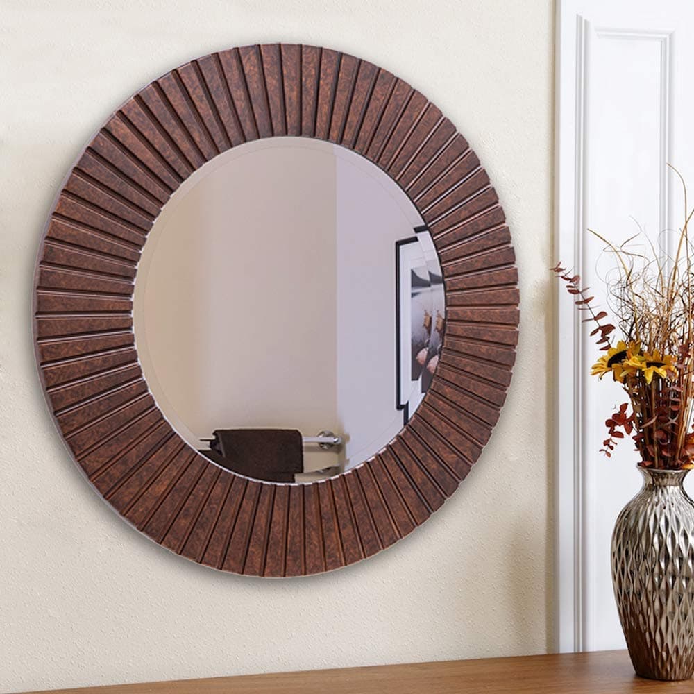 30'' Round Mirror with Wood Frame, Large Decorative Mirror for Wall, Farmhouse Bathroom Mirror with Bronze Groove Finish for Living Room, Entryway, Bedroom