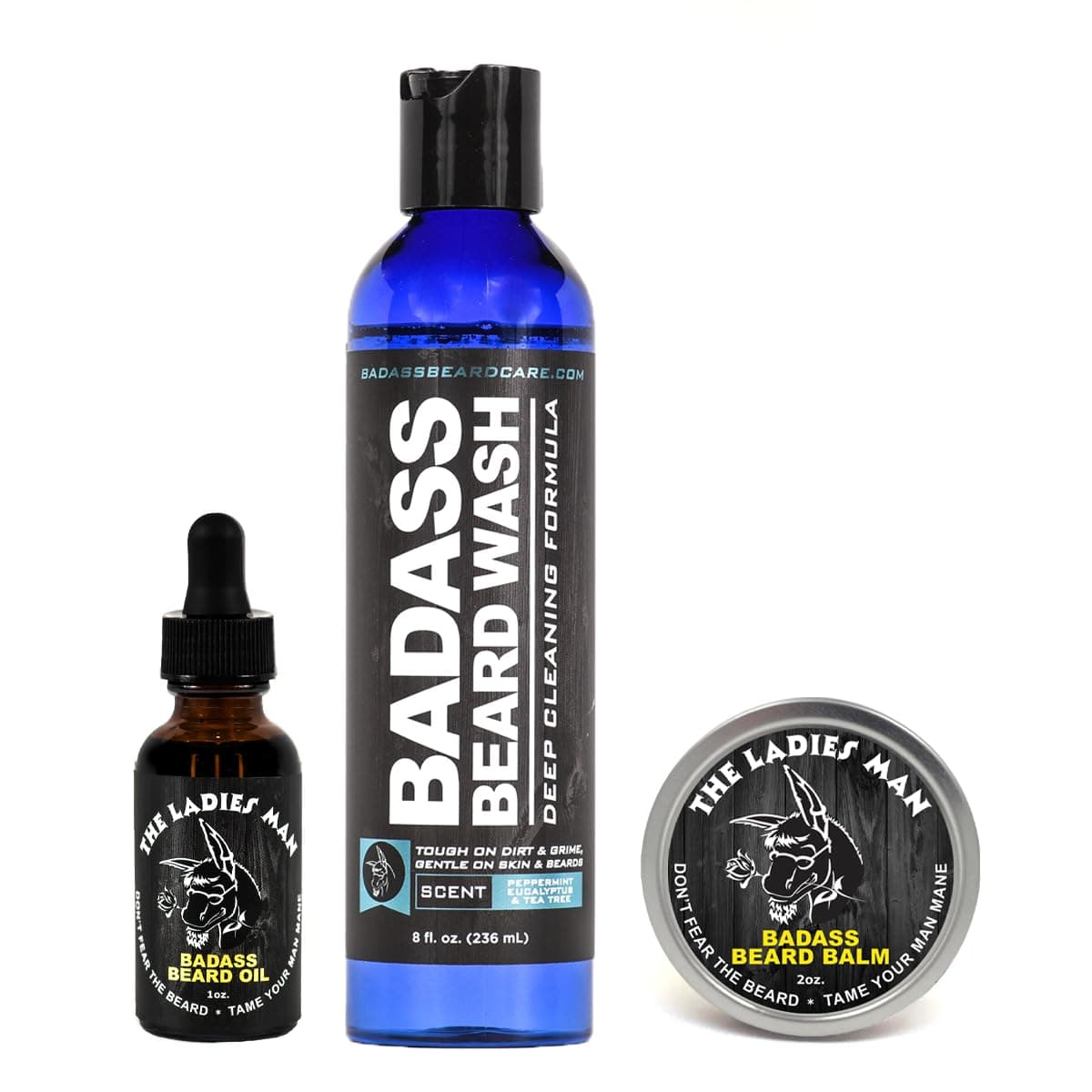 Badass Wash, Beard Oil, and Beard Balm Combo for Men - Natural Ingredients, Keeps Beard and Mustache Full, Soft and Healthy