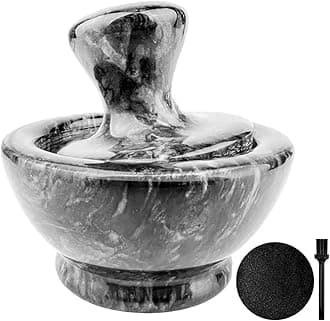 Mortar and Pestle Set, Marble Mortar and Mushroom Pestle,4 inch,1/2 Cup,Stone Grinder with Brush Placemat for Pills Herbs Spices,Easy to Grip,Gets a Fine Grind Easily,Pill Crusher,Black