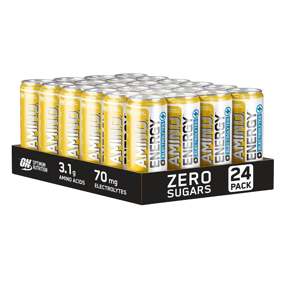 Optimum Nutrition Essential Amino Energy + Electrolytes, Ready to Drink Sugar Free EAA Energy Drink with Electrolytes and Caffeine, Workout Supplement for Men and Women, Tropical, 24x250 ml