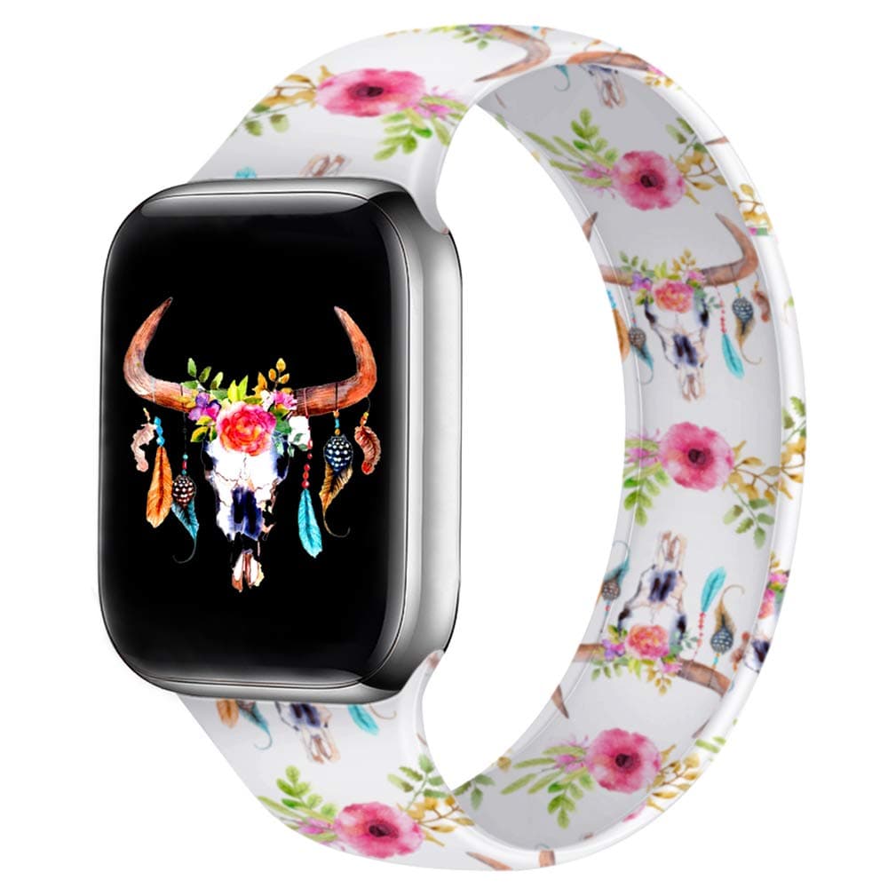 Bertiveny Rubber Band Compatible with Apple Watch Series 5 4 3 2 1 Women Silicone Band for Iwatch 38mm 40mm 42mm 44mm Double Side Pattern Wristband(Watercolor Bull Skull Flowers Feathers,42/44MM-S/M)