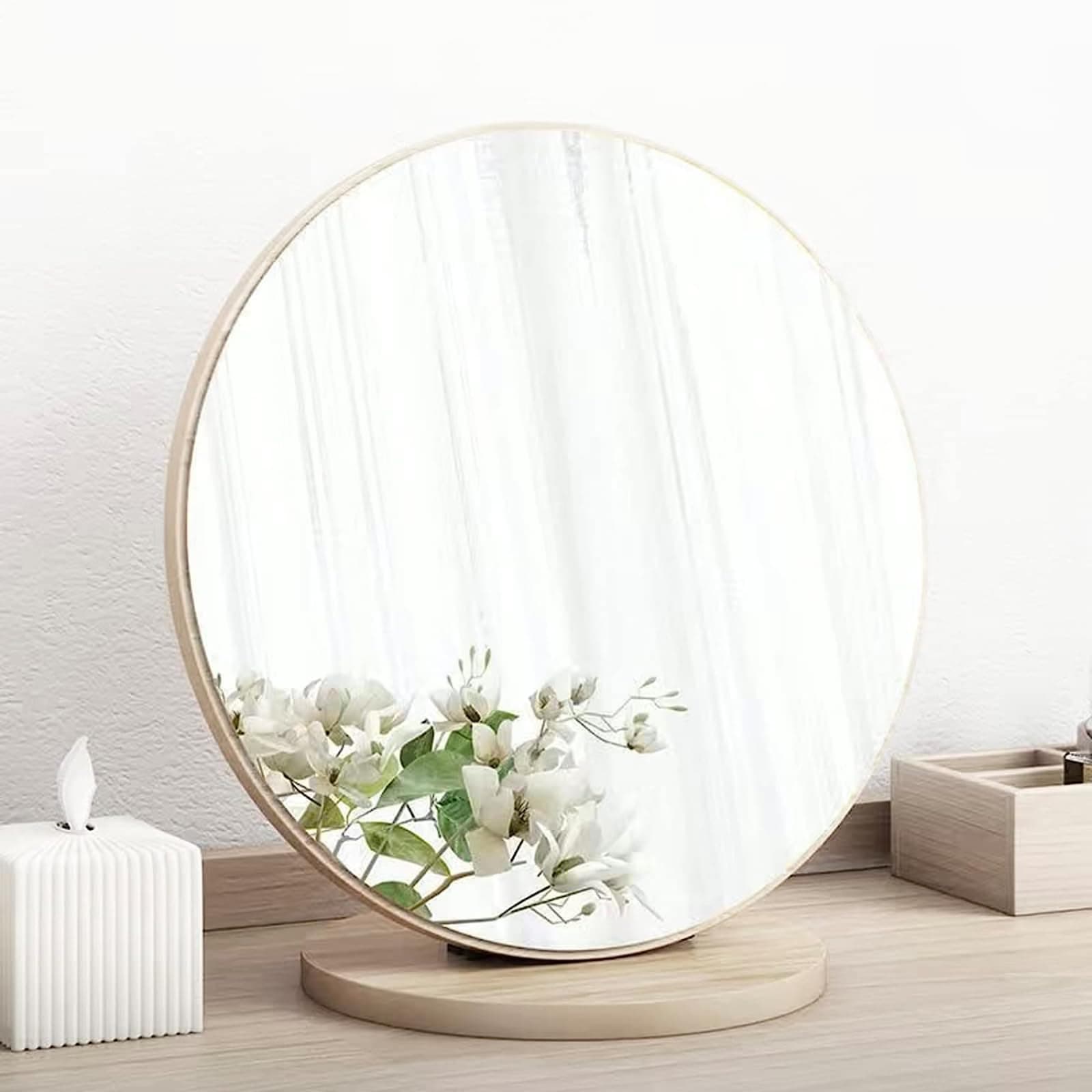 Wooden Makeup Mirror, 90° Adjustable Tabletop Vanity - High-Definition Desk, Round Dressing Table - Portable & Removable for Makeup, Bedroom & Travel