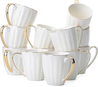 Brew To A Tea BTaT- White Coffee Mugs with Gold Rim, Set of 12, 12oz, Porcelain Coffee Mugs for Coffee Mug Set, Large Coffee Mugs 12 OZ, Coffee Cups Set, Ceramic Coffee Mug sets, Coffee Cup Set