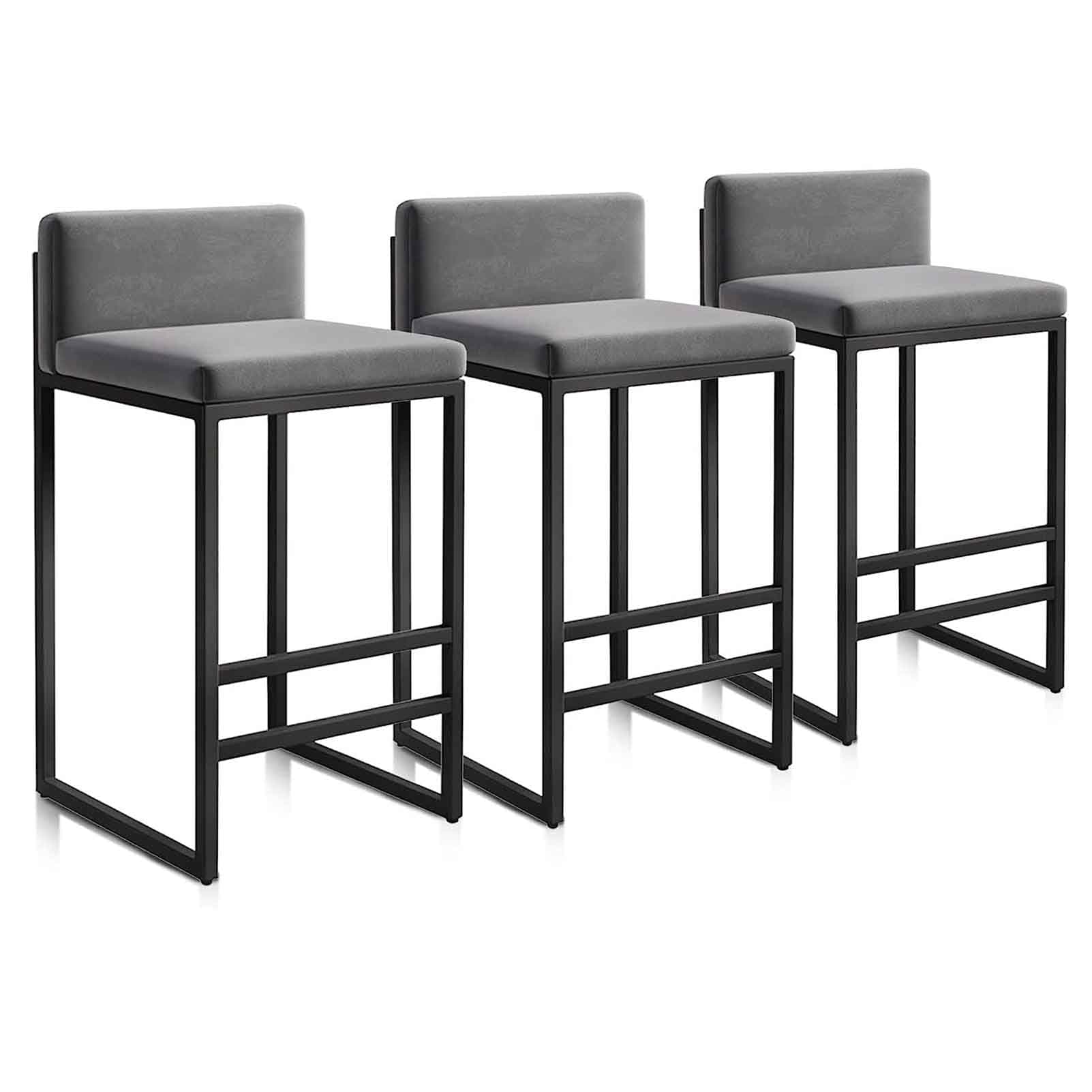 Modern Velvet Bar Stools Set of 3 with Backrest Black Metal Frame Supports 150kg/300lbs Grey Color 25.6'' Height Stylish Kitchen Counter Barstools