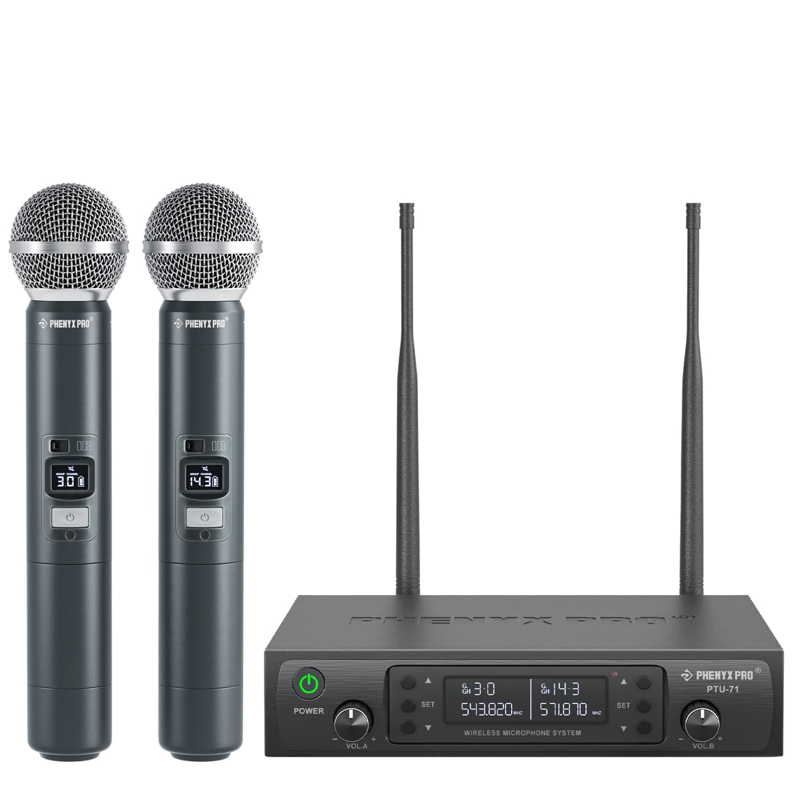 Phenyx Pro Dual UHF Wireless Microphone System, Cordless Mics for 250ft Long Range Professional Performance, Multichannel, Metal Built, 16h Battery Life, Ideal for Public Address(PTU-71-Newï¼â€°