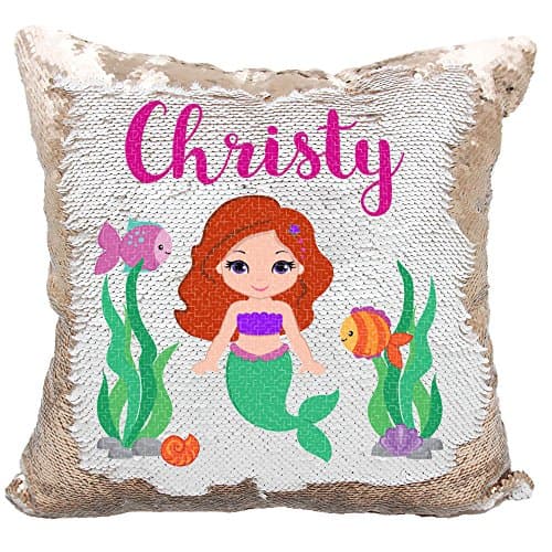Personalized Mermaid Reversible Sequin Pillow, Custom Mermaid Underwater Scene Sequin Pillow (White/Rose-Gold)