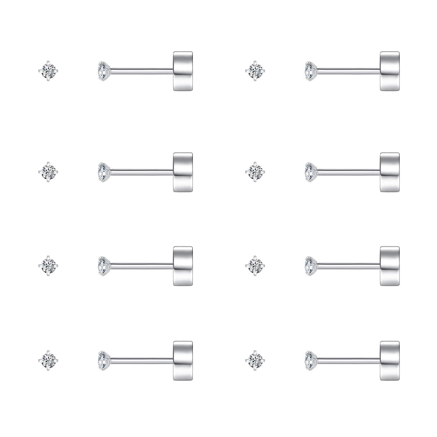 8 Pairs Tiny Flat Back Earrings for Women Men 14K Gold Plated Surgical Stainless Steel Stud Earrings Hypoallergenic Cubic Zirconia Studs Cartilage Earrings 2mm 3mm 4mm