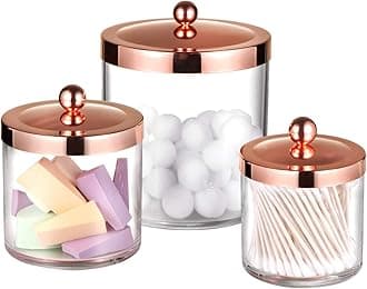 SheeChung 3-Pack Plastic Apothecary Jars with Rose Gold Metal Lids - Large 50oz, 25oz & 15oz Acrylic Storage Set - Shatterproof Laundry Room & Bathroom Organizer - Modern Minimalist Chic Decor