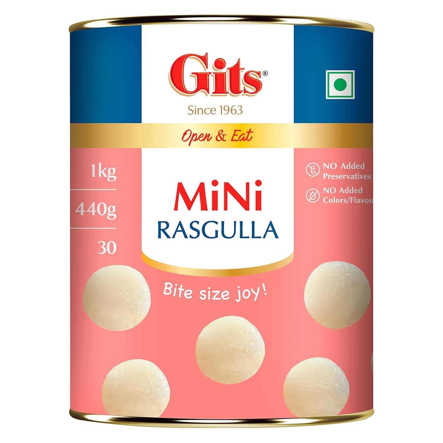 Gits Open & Eat Mini Rasgulla, 30 Pieces Per Can, Authentic Bengali Sweet, 1Kg