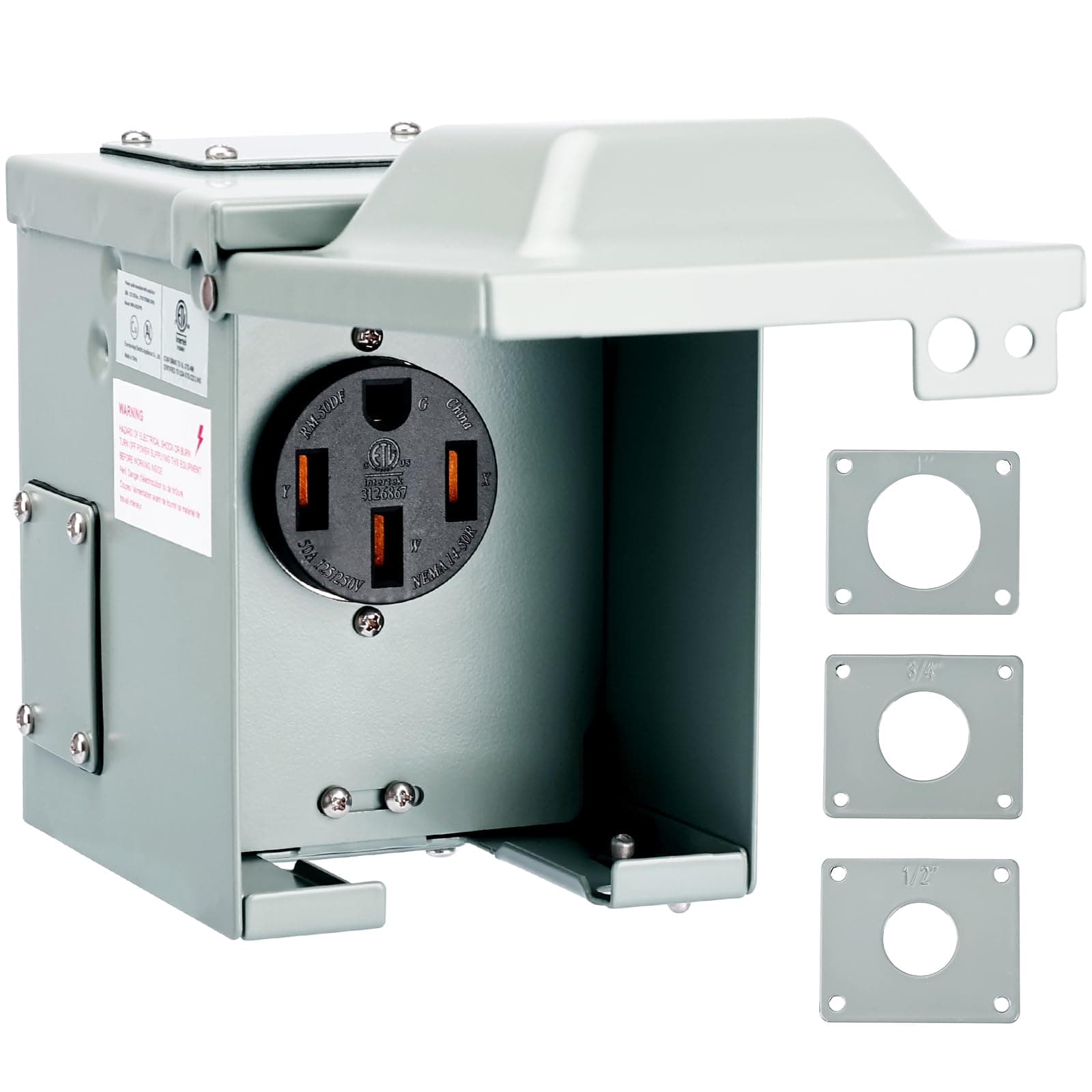 50 Amp 125/250 Volt RV/EV Power Outlet Box, Enclosed Lockable Weatherproof Outdoor Electrical NEMA 14-50R Receptacle Panel, ETL Listed
