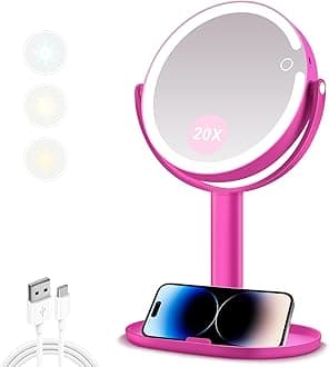 MIYADIVAMakeup Mirror with Lights, 20X Magnifying Mirror with Light and Touch Switch, 2-Sided Vanity Mirror with 3 Color and 80 LEDs, Hot Pink