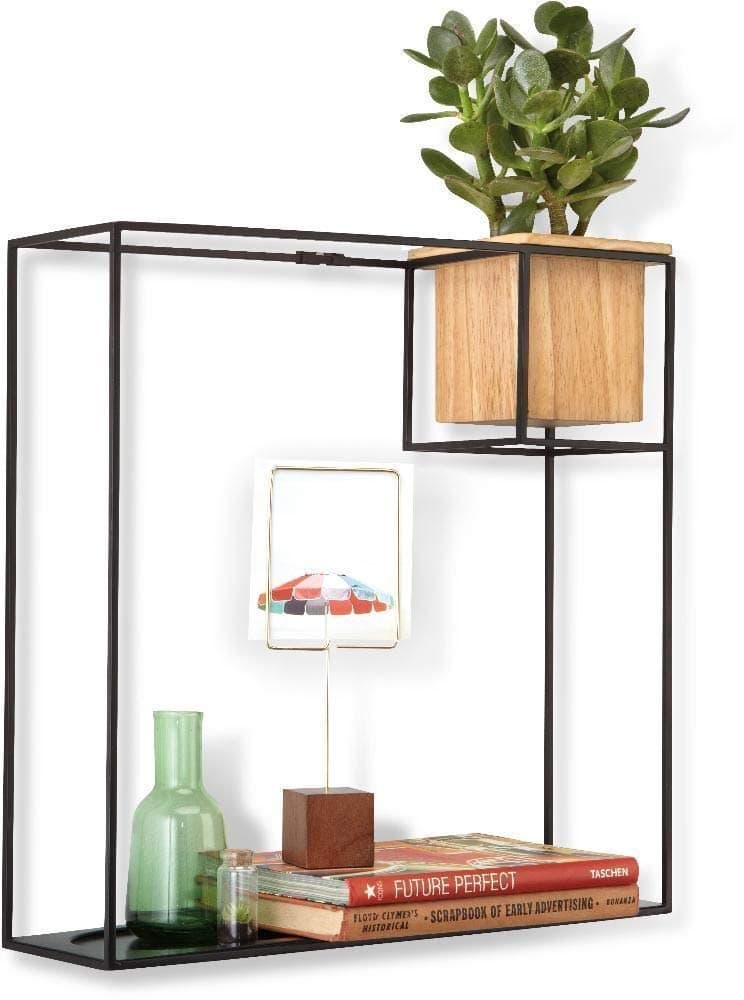 Cubist Floating Shelf with Built-In Succulent Planter – Modern Wall Décor and Geometric Display Shelf for Books, Candles, Mementos, Photos, Indoor Plants and More! | Large, Black