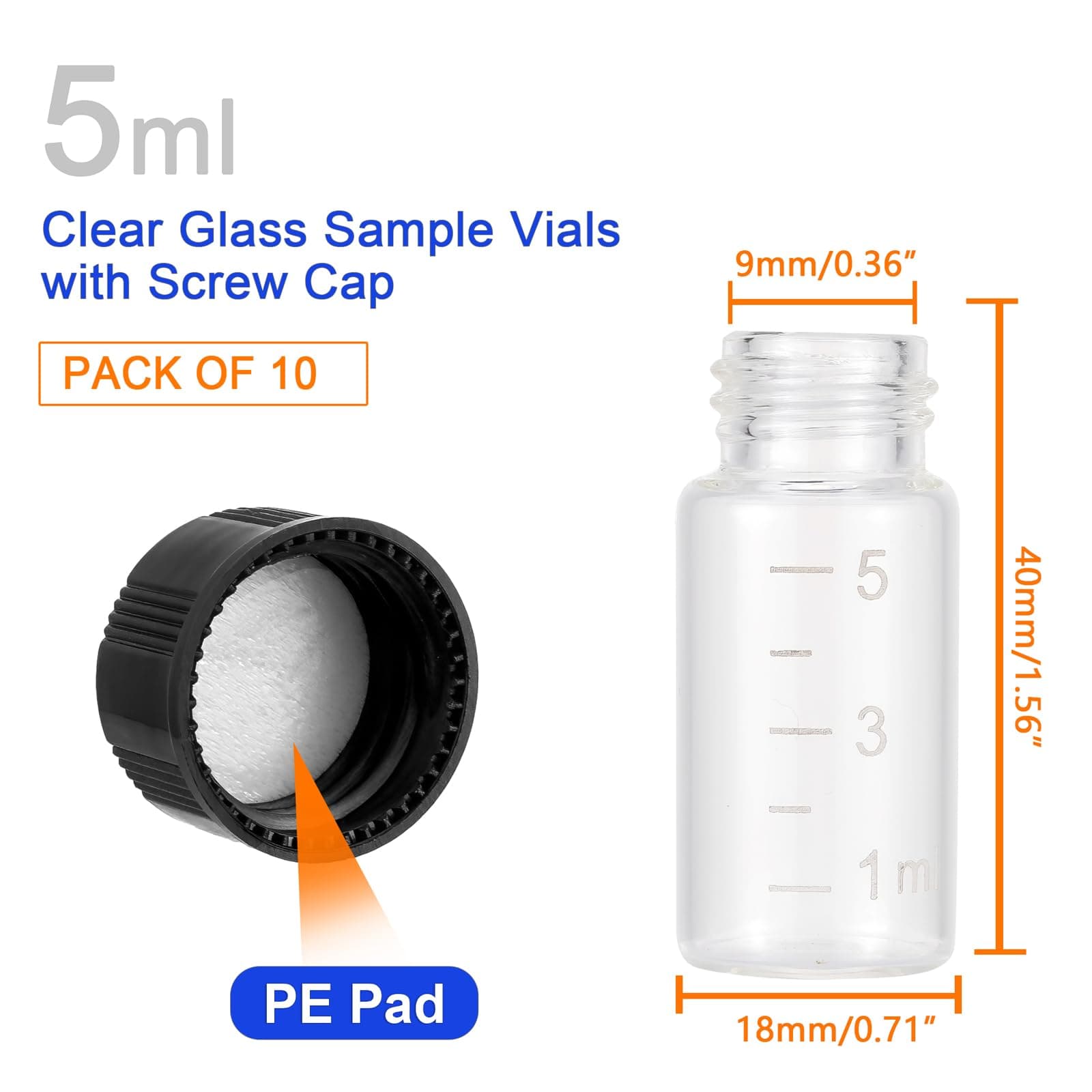 Kesell Clear Liquid Sampling Sample Glass Bottles Vials with Graduation Black Screwcap Capacity 5ml (1/6 Oz) Pack of 30