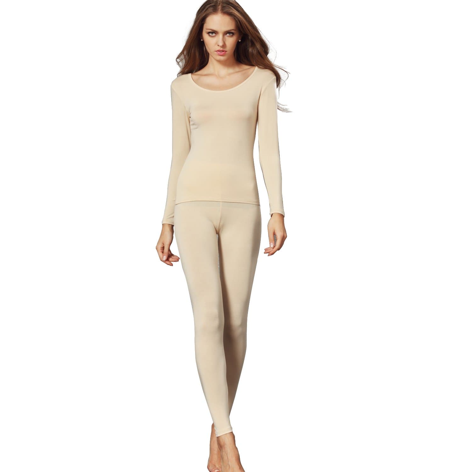Women's Crew Neck Top & Bottom Ultra Thin Thermal Underwear Set