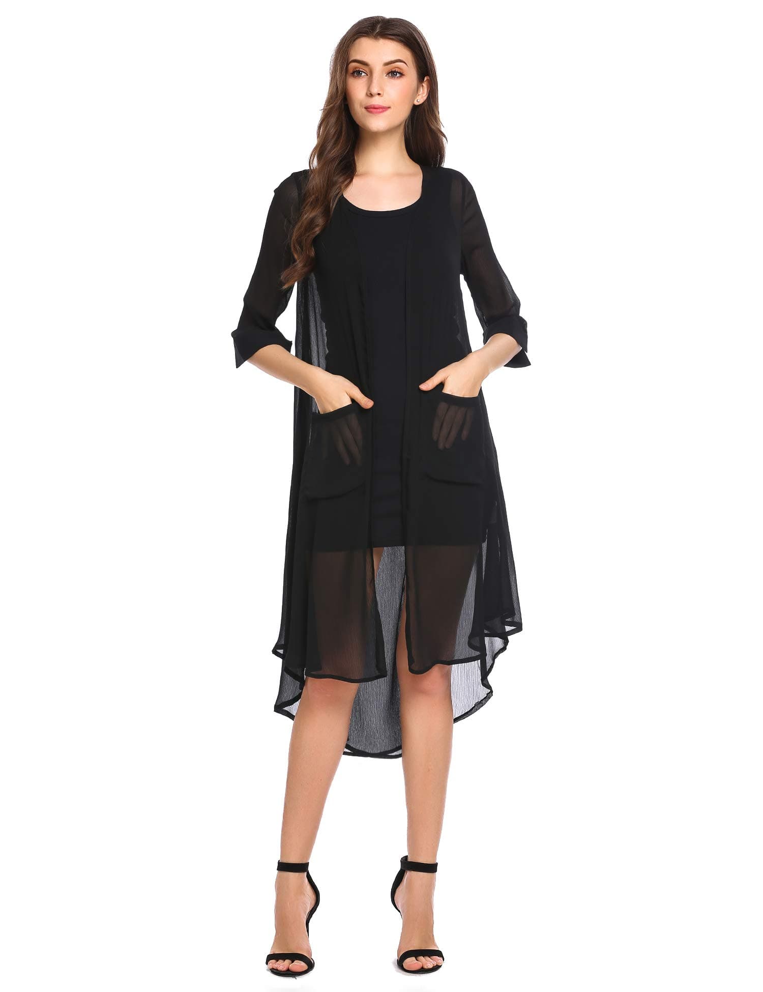 Women's 3/4 Sleeve Split Back Sheer Chiffon Maxi Kimono Long Cardigan Blouse