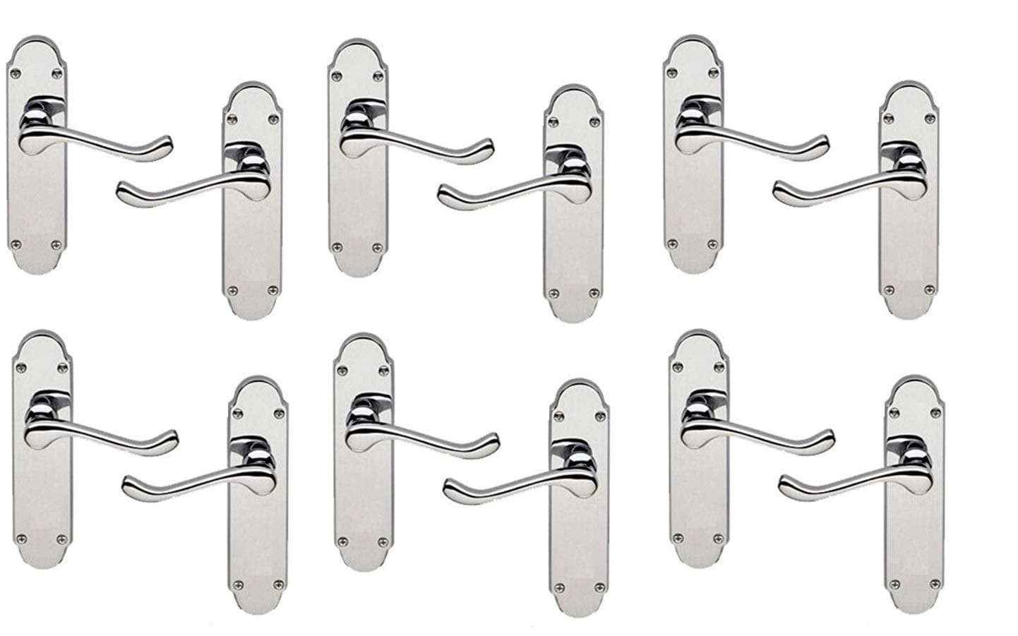 Golden Grace Victorian Scroll Premium Door Handles on Shaped Backplate Lever Latch in Polished Chrome Finish, Epsom Design, 6 Pairs