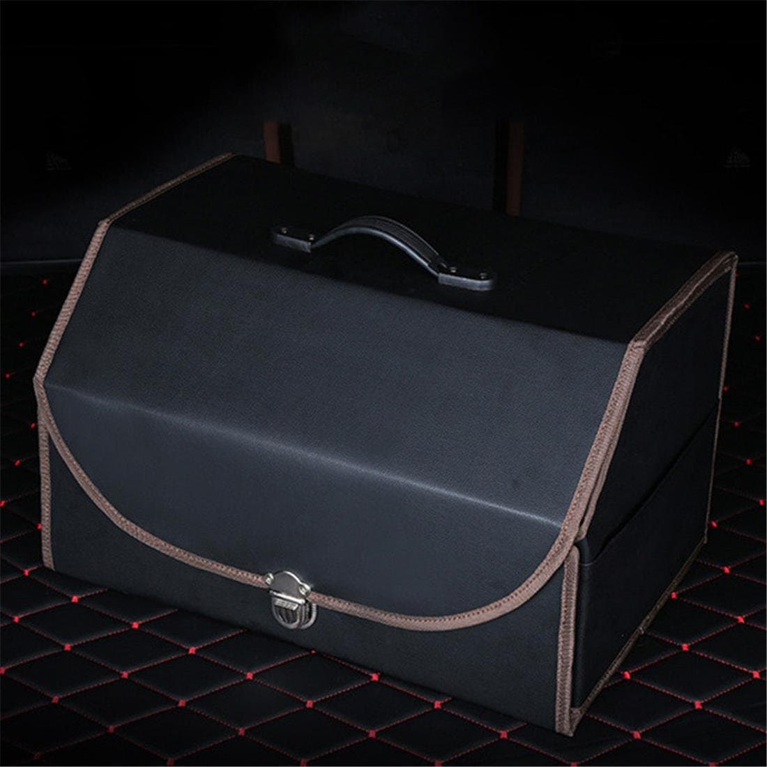 Car Trunk Boot Box Foldable SUV Leather Storage Organiser Collapsible Auto Minivan Truck Shopping Travel Holder With Lid Handle , Black 1