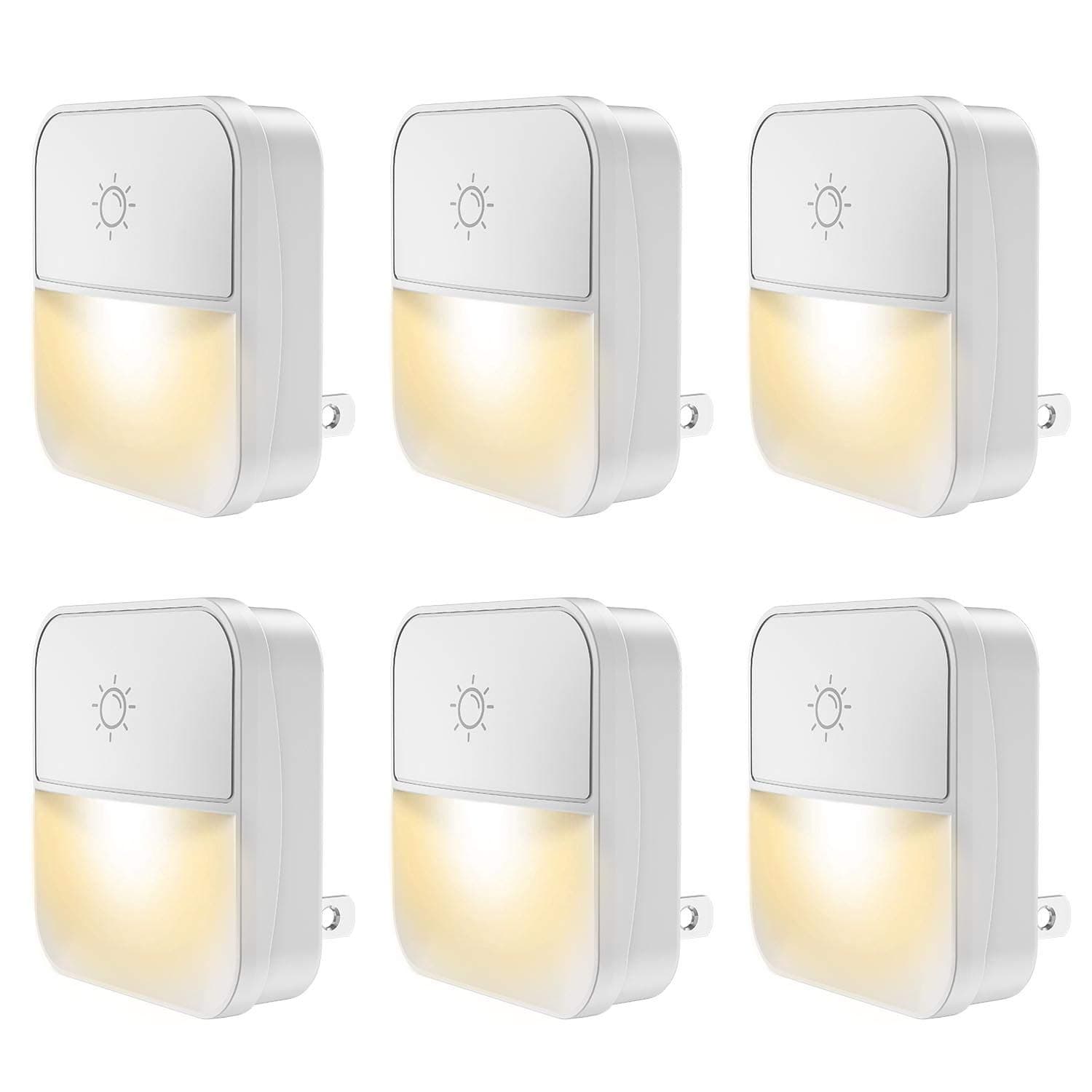 Plug-in Night Light, POWRUI Warm White LED Nightlight Lamp with Touch Sensor with 4-Level Adjustable Light and Dusk-to-Dawn Sensor for Hallway, Kitchen, Bathroom, Bedroom, Stairs, 6-Pack