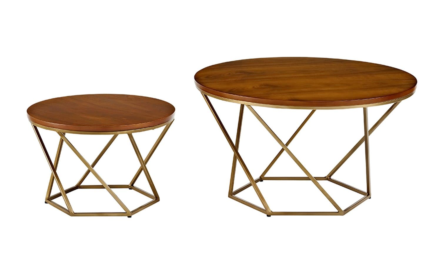 Eden Bridge Designs Mid Century Modern Nesting Tables for Living Room Bedroom Home Office, Set of 2, Geometric Design, Wood, Walnut/Gold, 71x71x41 cm