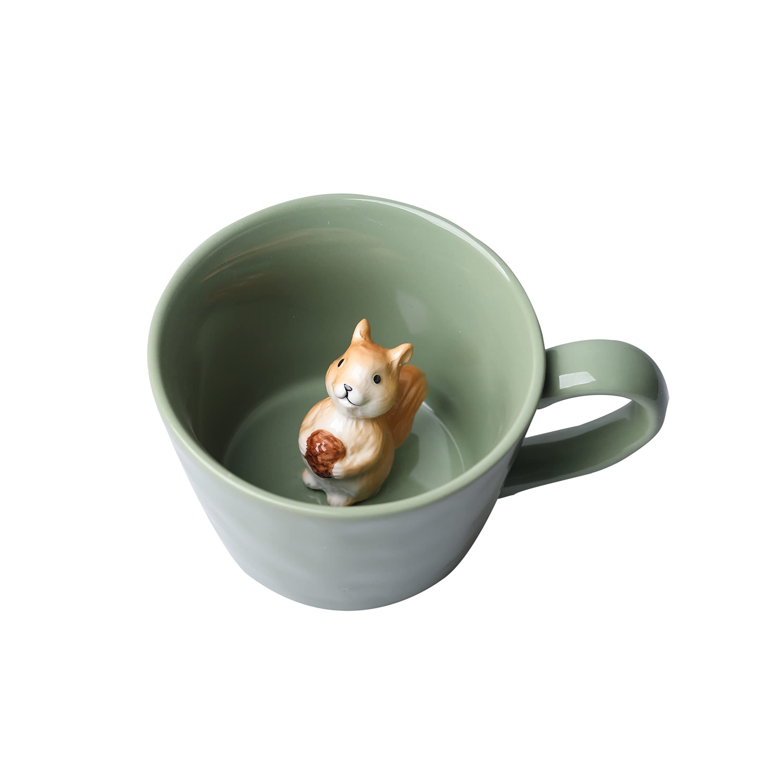 Squirrel Ceramic Cup Hidden 3D Animal Inside Mug,Cute Cartoon Handmade Figurine Mugs,Holiday and Birthday Gift for Coffee Milk Tea Lovers,12 OZ(Light Green)