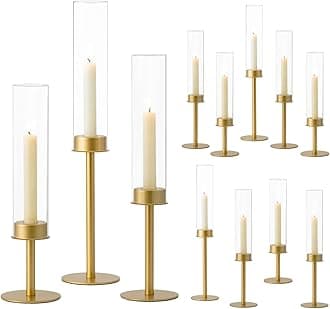 Hewory Gold Candle Holders Hurricane Candlestick Holders, 12Pcs Brass Candle Stick Candle Holder Candelabra, Taper Candle Holders with Glass Candle Cover for Wedding Table Centerpiece Christmas Decor